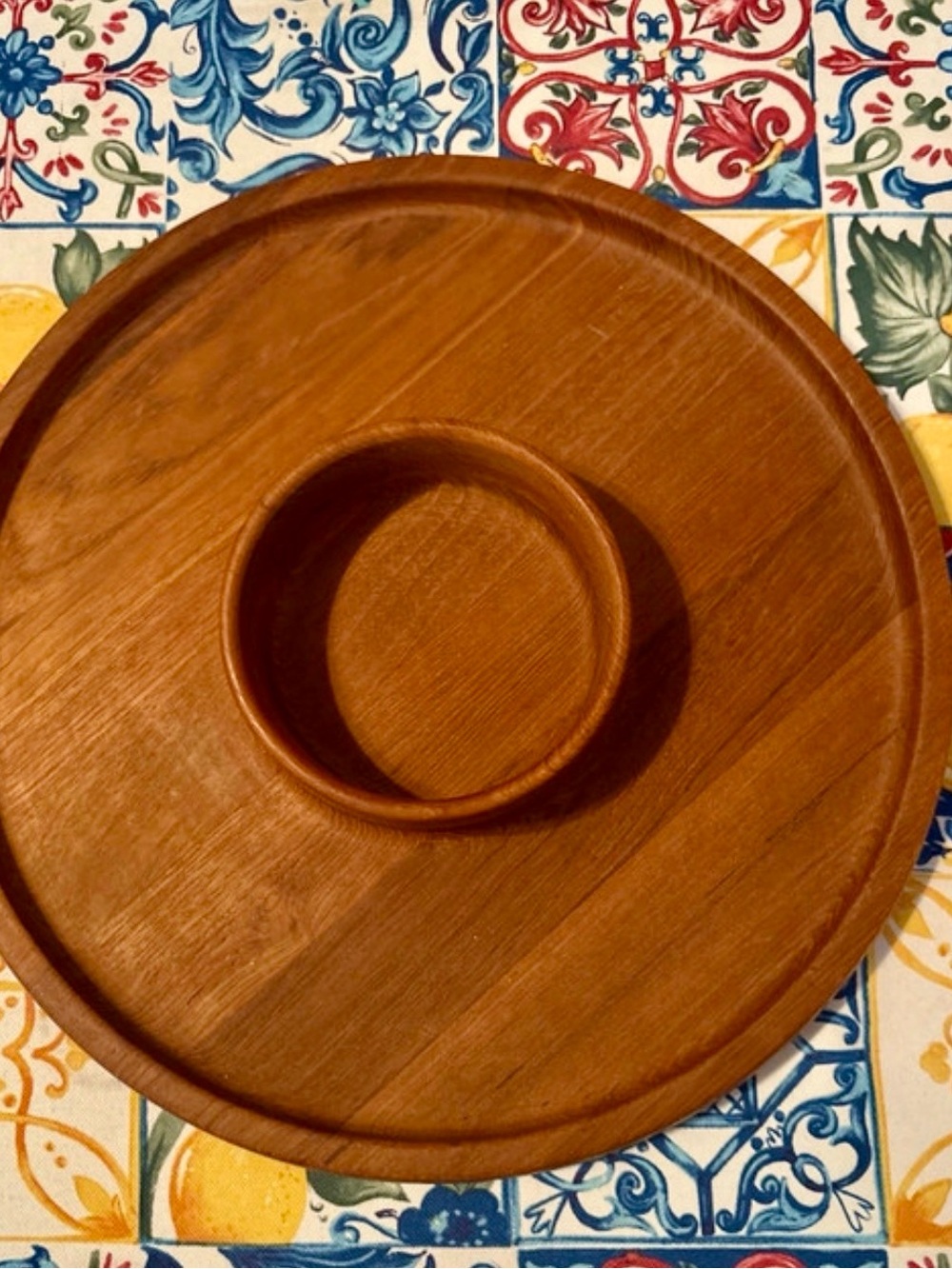Dansk Brown Wooden Round Serving Tray with Center Bowl